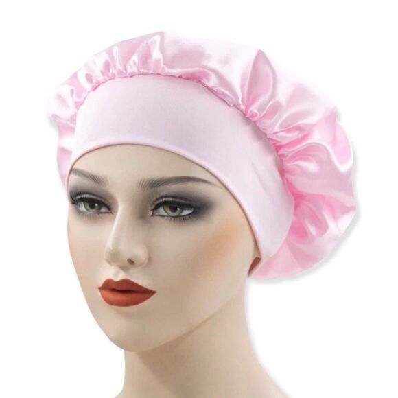 🆕Pink Satin Wide Elastic Hair Bonnet - Picture 1 of 3